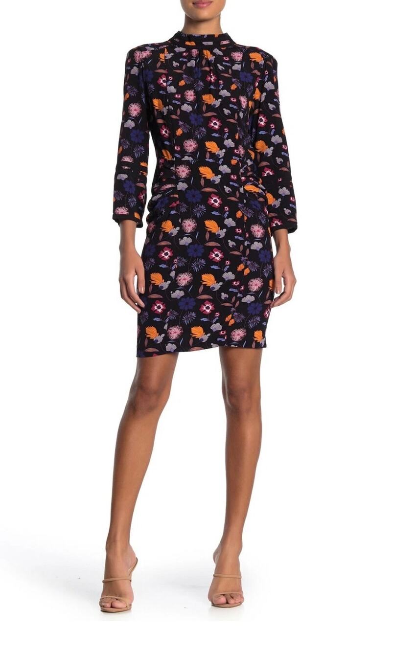 Ba&sh Maha Sz L Botanical Floral Mini Dress Long Sleeve High Neckline Black